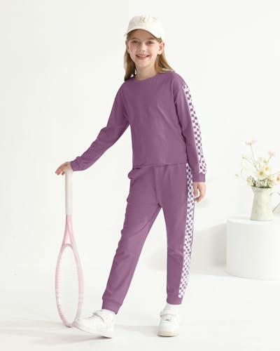 Image of SANMIO Toddler Girl Clothes 2 Piece Outfits Girls Tracksuit Activewear | Long Sleeve Crewneck Checkered Sweatshirts and Sweatpants Casual Fall Winter Clothing Set