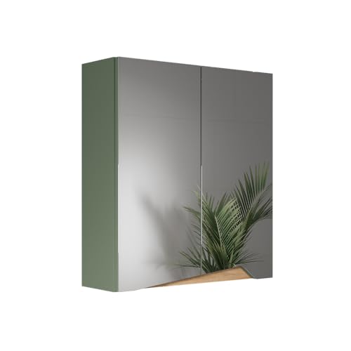 Vicco Specchio contenitore bagno Marelle, Verde/Artigianale, 60 x 67 cm con ripiano regolabile in altezza