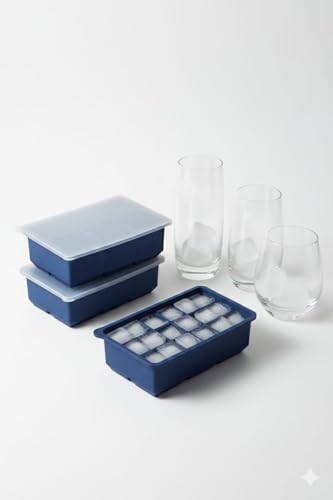 Image of Ice Cube Molds with Lid,Big Silicone Ice Cube Tray for Whiskey,2Inch Square Ice Cube Tray,Easy-Release Ice Mold,Giant Ice Cubes for Bourbon Cocktail (2, Navy Blue)