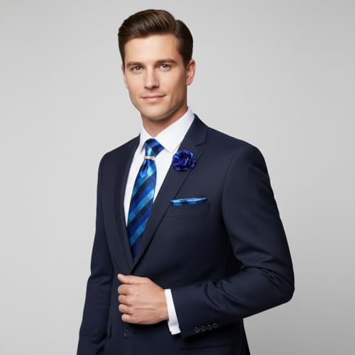 Image of 5PCS Mens Silk Designer Tie, Pocket Square, Cufflinks, Drilled Tie Ring and Lapel Pin Set for Wedding Groom Party