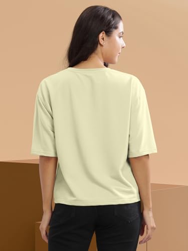 Image of HELLCAT Beige Printed Loose Fit Crew-Neck Crop T-Shirt for Women