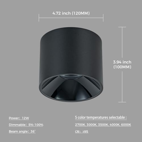 QIBANG 5CCT 12W Led Ceiling Spotlight Indoor Dimmable Cylinder Light 2700K-3000K-3500K-4000K-6000K Selectable, CRI 95+ 4.72" Modern Spot Light Black 36 Angle Accent Ceiling Lighting 1 Pack by QIBANG - Used condition - Image 4