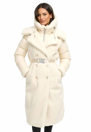 Navahoo Damen Wintermantel (XS-XXL) - Kapuze, Stepp-Innenteil, Teddymantel mit Gürtel - N119 - Offwhite Größe XL - Gr.XL