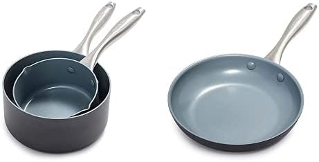 GreenPan Lima 1QT and 2QT Ceramic Non-Stick Saucepan Set, Gray - & Lima 8" Ceramic Non-Stick Open Frypan, Gray - CW0002858