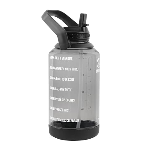 Image of Takeya Motivational Water Bottle with Straw Lid and Time Marker (64 oz, Stormy Black) - Leakproof, BPA Free Water Bottle for Daily Intake Tracking
