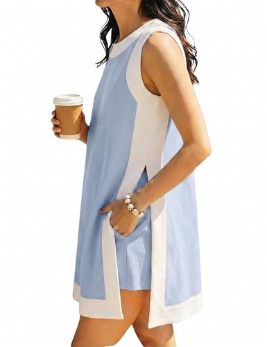 Hooever Women's 2 Piece Sets Casual Color Block Crewneck Short Sleeve Pullover Tops Matching Shorts with Pockets(GreyBlue-Medium)