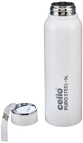 Image of CELLO Puro Steel-X Benz 1200 Insulated Water Bottle For Office 970ml, White | Easy to Carrying Loop, Wide Mouth Leak Proof & Rust Resistant Inner Steel Insulated Water Bottles For School Kids & Travel