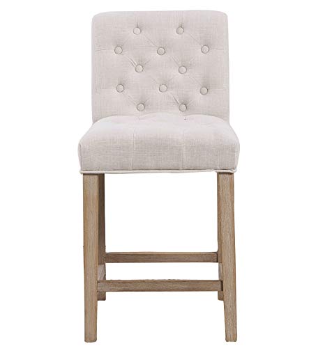Btexpert Bar Stool Chair Wooden Linen Tufted Counter 26", Ivory Beige Fabric Set Of 2 #TOP6