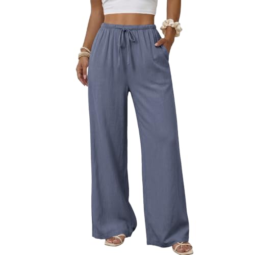 Image of Duyang Womens Cotton Linen Palazzo Pants Drawstring Elastic Waist Casual Wide Leg Trousers with Pockets