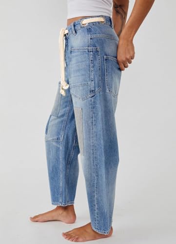 Kedera Womens Baggy Barrel Horseshoe Jeans Wide Leg Patchwork Low Rise Drawstring Denim Pants with Pockets2