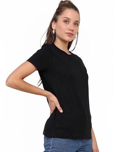 Image of Round Neck T-Shirt Top for Women | Combed Bio-Washed Ring Spun Cotton | Plain | Short Sleeves