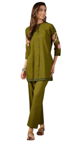 Image of Truvon Fashions Stylish Women's Co-Ord Kurta with Pant Sets - Cotton Floral Kurti Pant Set for Womens