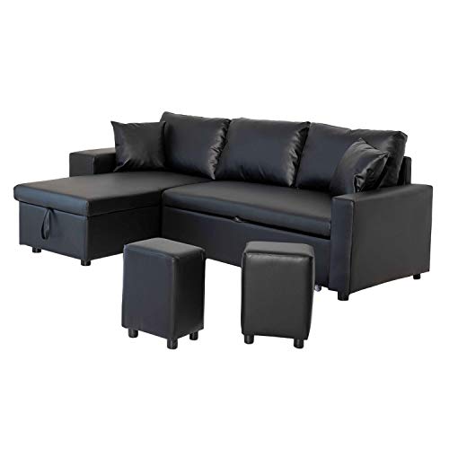 Happy Garden Canapé d'angle Convertible Tony 3 Places en Simili Noir. Canapé avec méridienne réversible, Coffre de Rangement et poufs.