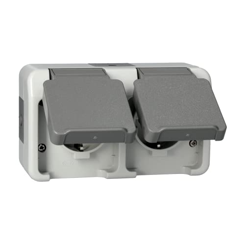 Schneider Electric Merten Schuko-Steckdose mit Klappdeckel, 2-fach, Aufputz, waagerecht angeordnet, IP44, Aquastar, lichtgrau, Artikelnummer MEG2321-8029