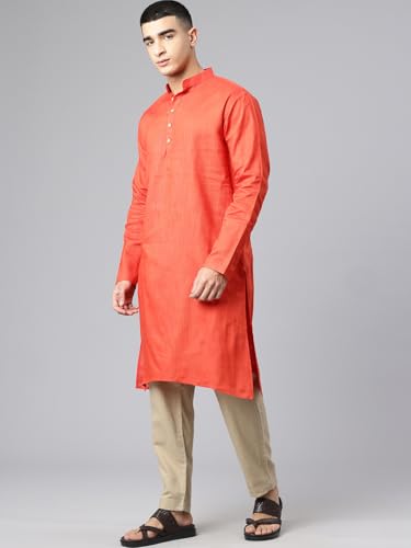 Image of Majestic Man Men's Cotton Regular Fit Traditional Mandarin Collar Ethnic Motifs Solid Long Kurta