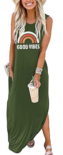 Image of Good Vibes Rainbow Graphic Dress Womens Sleeveless Pocket Maxi Dress Hawaiian Beach Tank Dress