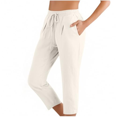 Image of ABABC Linen Capri Pants for Women Casual Straight Wide Leg Capri Pant Loose Lightweight Drawstring Beach Cropped Trousers