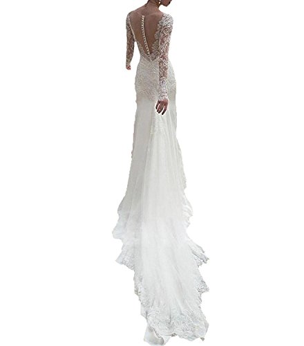 WYFDMNN Robes de Mariée Robe en Satin Stretch avec Lacets Col en v Manches Longues, Ivoire, 54