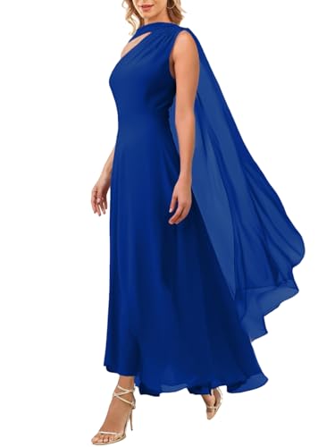 Image of Aisbei Women's Elegant One Shoulder A Line Flowy Maxi Dress Evening Gowns Party Formal Wedding Guest Dresses with Cape