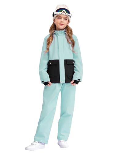 Kids Girls Ski Snowsuit Long Sleeve Jacket Hooded Coat Outerwear with Pants for Snow Sports Skiing Snowboarding