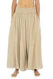 Back From Bali Womens Boho Wide Leg Palazzo Pants Smocked Waist Harem Lounge Loose Summer Beach Pants, Beige, Medium-Large