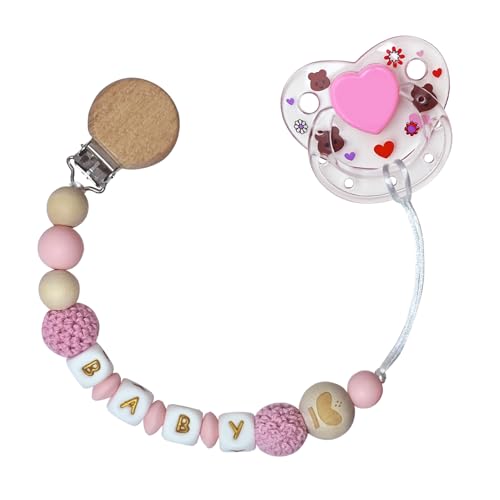 Image of Pink Gold Pacifier Clip with Cute Magnetic Pacifier Reborn Dolls Toy Accessories (Knitted Ball Gold Lettering)