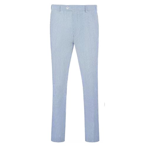 Mens Summer Seersucker Slim Fit Pants Mens Cotton Sear Sucker Suit Separate Pants Trousers Blue, 42 Regular