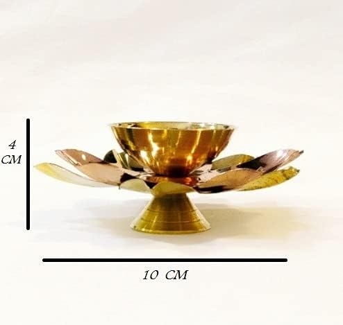 Brass & Copper Kamal Patti Lotus Flower Shape Metal Akand Diya Puja Jyoti Oil Lamp for Traditional Indian Festive Diwali Deepawali Pooja Small Bowl Crystal Dia Home Temple Decoration Gift Items