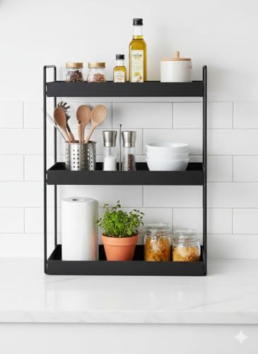 Image of HS Retail 3- Tire Kitchen Rack | Multipurpose kitchen Organizer Shelf | Durable Metal Frame with Stable Base | Countertop Storage Rack for Kitchen