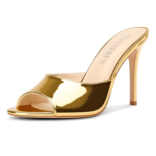 TNYNFBEB Womens Stiletto High Heel Peep Open Toe Sandals Mules Shoes Slingback Slip-on Prom Party Dress Patent Leather 3.9 Inches Heels