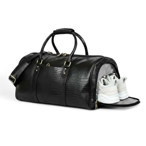 Image of Genuine Leather Premium Travel Duffel Bag Luggage for Sports Gym Stylish 35 Liter Tour Bag for Men and Women-Carry on 20 Inch Weekender Luggage Overnight Bags for Men, Medium (Black, Medium)