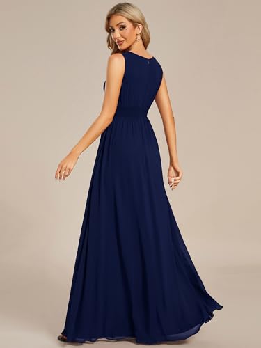 Image of Ever-Pretty Women's Chiffon Sleeveles Summer Formal Wedding Guest Dresses Ruched A Line Hollow Out Crew Neck Bridesmaid Dress