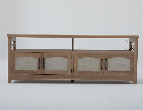 DWVO Farmhouse TV Stand with Rattan Storage Cabinets, Boho Console Table with Soundbar Shelf for TV Up to 65", Rustic Wood Entertainment Center w/LED Lights & Power Outlets for Living Room (Oak)