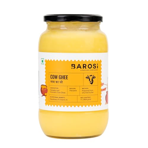 Image of BAROSI Desi Cow Ghee 1 Litre | Danedar Ghee | Lab Tested | Grass-Fed Desi Cow |Naturally Rich In Good Fats & Antioxidants | Suitable for Daily Cooking | Rich Aroma, Golden Colour | Glass Jar(1000 ml)