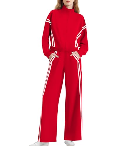 Casly Lamiit Womens Athletic Clothing Sets 2 Piece Lounge Outfits Track Sweatsuit 2-Stripes Sweatshirt Wide Leg Pants Airport Travel Activewear Red Petite XS