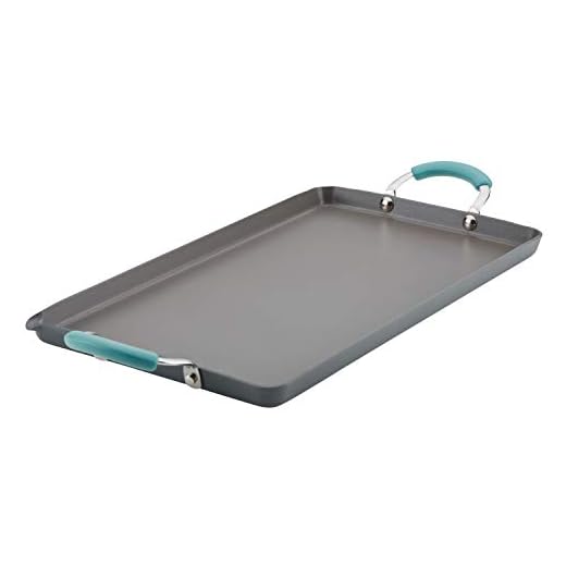 Rachael Ray Brights Hard Anodized Nonstick Double Burner Griddle Pan/Grill with Pour Spout, 18 Inch x 10 Inch, Gray with Agave Blue Handles