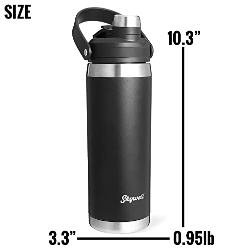 Skywell 24Oz Stainless Steel Water Bottle With 3 In 1 Lid, Bpa-Free Leak-Proof Wide Mouth Vacuum-Insulated Water Flask With Straw And Handle Sweat-Proof For Outdoor And Travel, Black #TOP4