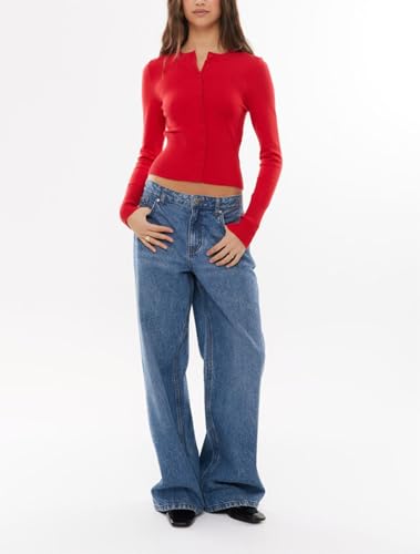Image of Women Y2K Button Down Knitted Tops Long Sleeve Slim Fit Ribbed Tee Tops Open Front Casual Cardigan