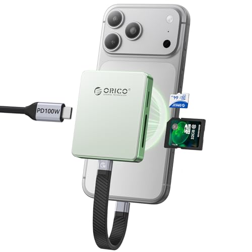 ORICO Magnética M.2 SSD Carcasa & TF/SD 3.0 Lector Tarjetas para iPhone 15/16/17 Pro   5 en 1 NVMe 2230/2242, USB 3.2 Gen2 10Gbps, 104MB/s, PD 100W   Diskless AP42F Verde