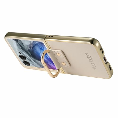 Image of for Motorola Razr 50 Ultra 5G Case Electroplating Leather Coated PC Phone Cover with Spring Ring Buckle Kickstand - White