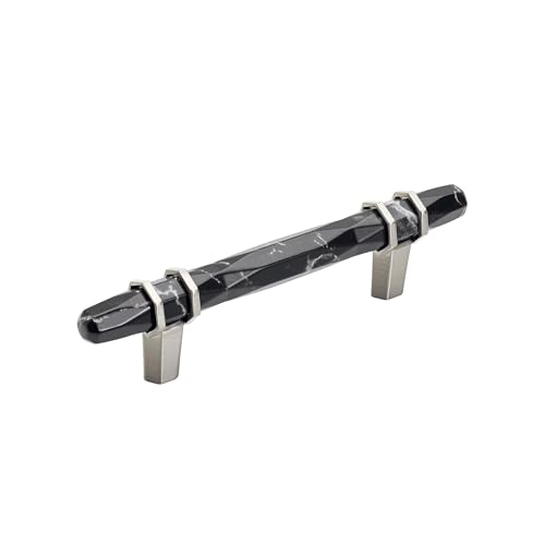 Image of Amerock 3-3 /4 inch Carrione Marble Black /Satin Nickel Drawer Pull | 3-3 /4 inch (96mm) Center-to-Center Mounting Distance and 6-5 /16 inches Overall Length, Durable Zinc Cabinet Hardware