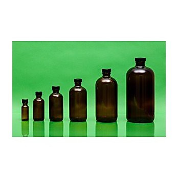 4oz Amber Boston Round Assembled with 22-400 Black Phenolic Poly Cone Lined Cap, Convenience Case