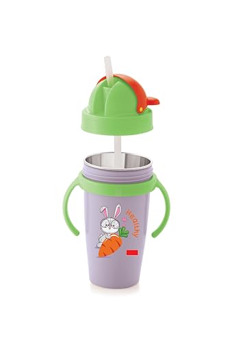 Image of Nabhya Inner Stainless Steel & Outer Plastic 360ml BPA-Free Cute Animal Design Baby Sipper Kids Water Bottle with Straw and Side Handle for Kids (Purple)