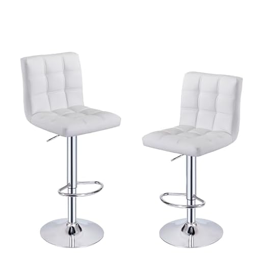 Lot de 2 Tabourets de Bar, Chaises Haut, Hauteur Réglable, Revêtement en PU, Rotatif sur 360°, avec Dossier et Repose-Pieds, Pied Chromé (Blanc)