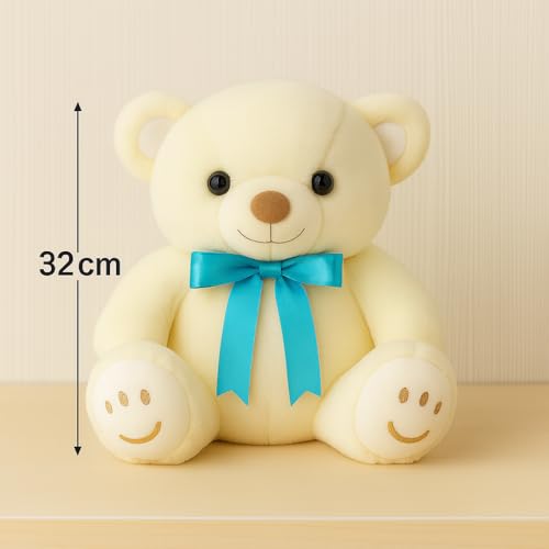Image of ZEXSAZONE Teddy Bear Plush Toy - Soft Cream Stuffed Animal with Blue Ribbon | Cute Huggable Toy for Kids, Boys, Girls, Girlfriend & Wife | Valentine, Birthday, (32 cm)
