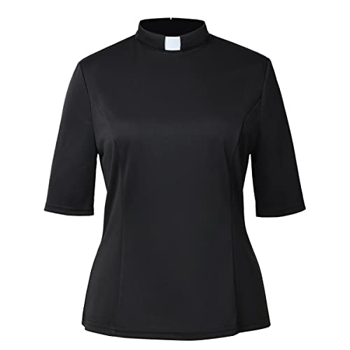 Womens Church Clergy Shirt with Tab Collar Spring/Summer Half Sleeve Slim Blouse Top