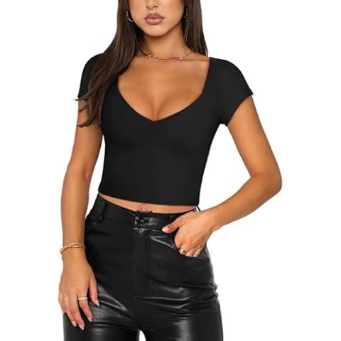 REORIA Women's V Neck Double Lined Crop Top Cover