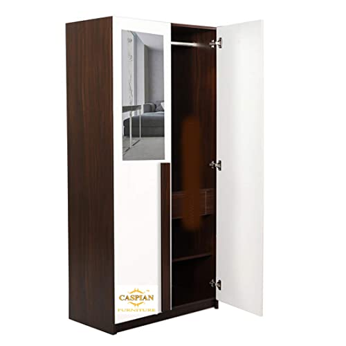 Image of CASPIAN Furniture 2 Door Wardrobe with Shelves, Drawer, Hanging Space and Mirror Attached | Wooden Wardrobe for Bedroom Storage (Walnut, Width 30 Inches)