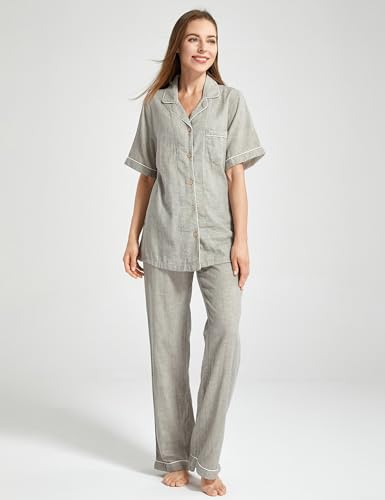 Image of Womens Muslin Pajama Set 100% Cotton Double Gauze Linen Like | Breathable Soft Comfort Button Up Loungewear Sleepwear PJ Set