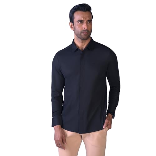 Image of HEKTOR Men's Hidden Button Shirt-Long Sleeve Bubble Check Shirt|Premium Nylon Blend, Regular Fit,Textured Smart